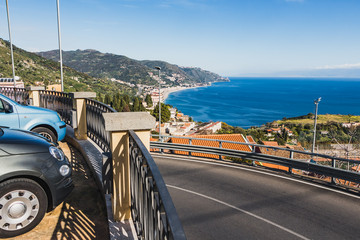 Naklejka premium A fantastic view from the Taormina parking on the Mediterranean Sea in Sicily