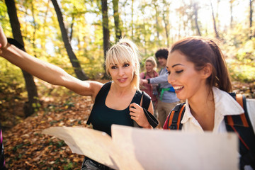 Group of hikers looking at map in the woods in the autumn. In foreground two women looking at map and in background rest of the group.