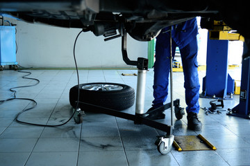 the legs of a mechanic in blue uniform and safety shoes  working under the car the  black wheel ,the electric wire and the tool on ground at the car repair shop