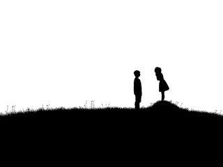Obraz na płótnie Canvas silhouette of man and woman over grass and hill isolated and white backgrounds, romantic valentine