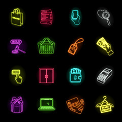 E-commerce, Purchase and sale neon icons in set collection for design. Trade and finance vector symbol stock web illustration.