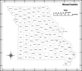 Missouri state outline, administrative and political vector map in black and white - obrazy, fototapety, plakaty