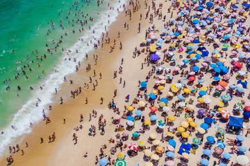 Papier Peint photo autocollant Copacabana, Rio de Janeiro, Brésil Rio de Janeiro, Brazil, Aerial View of Copacabana Beach Showing Colourful Umbrellas and People Bathing in the Ocean on a Summer Day, Tropical Vacation and Travel Concept
