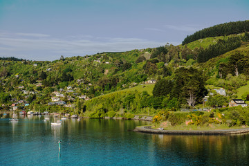 Sea approach to Port Chalmers, the port for the city of Dunedin in the South Island of New Zealand