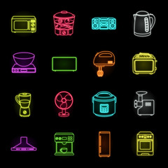 Types of household appliances neon icons in set collection for design.Kitchen equipment vector symbol stock web illustration.