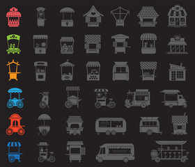 Set of stylized illustrations of promo stands and various promotional and sales objects. Large collection of objects for external usage such as promo stand and movable and fixed market stalls.