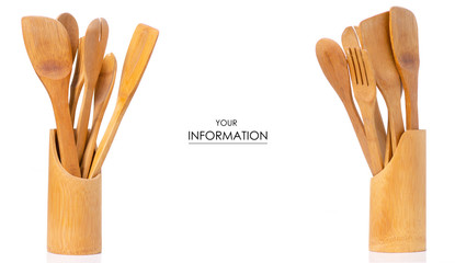 Wooden kitchen tools in a hand pattern on a white background isolation