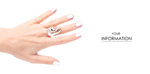 Ring jewerly bijouterie on hand pattern on white background isolation