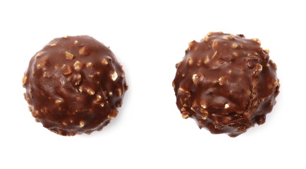 Chocolate candies collection isolated on white, top view