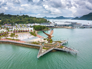 LANGKAWI, MALAYSIA - SEPTEMBER 14, 2017: Aerial view of Dataran Helang (Eagle Land), most attractive place in Langkawi. - obrazy, fototapety, plakaty