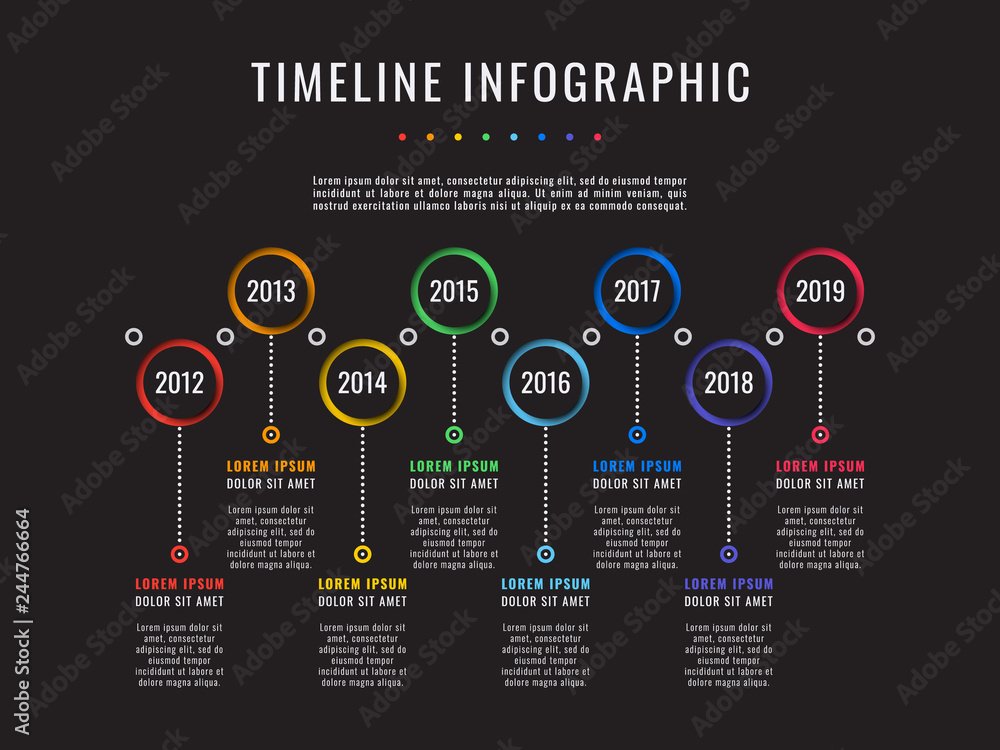 Poster horizontal timeline with eight round elements, year indication and text boxes on dark background. si