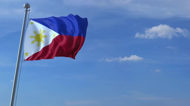 Commercial airplane landing behind waving flag. Travel to Philippines conceptual animation