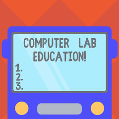 Handwriting text writing Computer Lab Education. Concept meaning Room or space equipped with computers use in a school Drawn Flat Front View of Bus with Blank Color Window Shield Reflecting