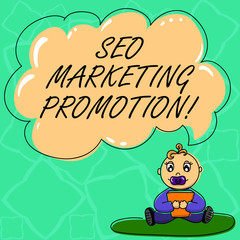 Word writing text Seo Marketing Promotion. Business concept for improve content and increase exposure of a website Baby Sitting on Rug with Pacifier Book and Blank Color Cloud Speech Bubble