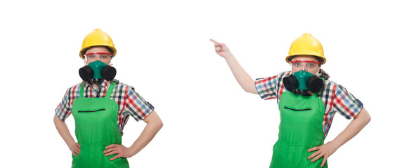 Female worker wearing coverall and gas mask isolated on white