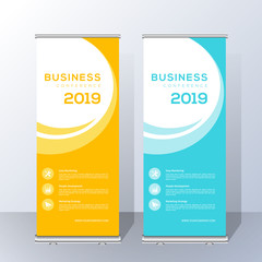 Roll up banner stand template design. Yellow Banner. Creative Blue poster. advertisement, pull up, vector illustration, business flyer, display, x-banner, presentation
