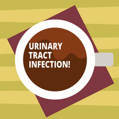 Text sign showing Urinary Tract Infection. Conceptual photo an infection in any part of the urinary system Top View of Drinking Cup Filled with Beverage on Color Paper photo