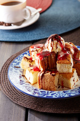 Dessert, Ice cream toast and coffee on the wooden table

