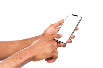 Male hand using blank touchscreen of smartphone