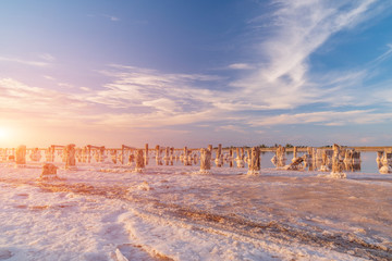 sunset on a pink salt lake, a former mine for the extraction of pink salt. row of wooden pegs overgrown with salt.