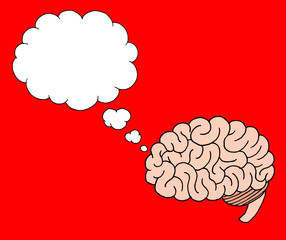Illustration of a thinking brain with a globe shaped cloud on a plain background