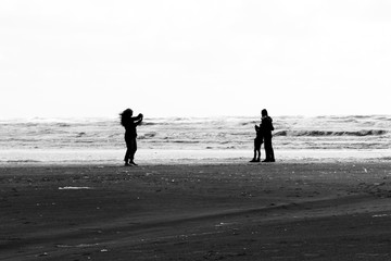 Silhouettes of family members taking photos at the beach