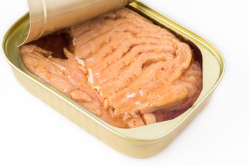 Open canned fish. Smocked salmon filets.