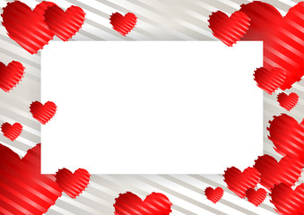 frame, border with red hearts on a white background with stripes. Vector illustration for photos, announcements, greetings, invitations,posters, gift certificates, banners