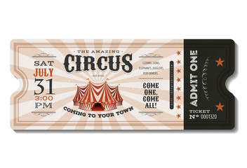 Vintage Circus Ticket/ Illustration of a vintage and retro design circus ticket, with big top, admit one coupon mention, bar code and text elements for arts festival and events