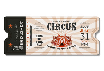 Vintage Circus Ticket/ Illustration of a vintage and retro design circus ticket, with big top, admit one coupon mention, bar code and text elements for arts festival and events