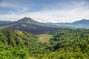 Mount Batur and Lake Batur viewed from Kintamani in Bali. Mount Batur is 1717 meters high and an active volcano, which last erupted in 2000.