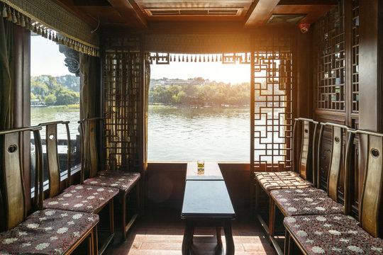 Beautiful West Lake Landscape of Hangzhou outside the window of Tea House