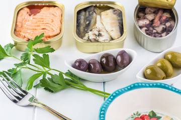 Varieties of canned fish.