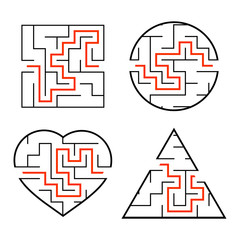 A set of mazes. Circle, square, triangle, heart. Game for kids. Puzzle for children. One entrances, one exit. Labyrinth conundrum. Flat vector illustration isolated on white background. With answer.
