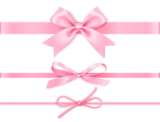 Set of decorative pink bow with horizontal pink ribbon for gift decor.Vector illustration isolated on white