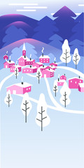 Snowy landscape with small houses - New Year and Christmas card in flat style.