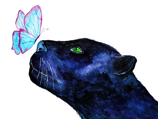 Hand painted wild black jaguar watercolor illustration. Watercolor black panther and blue butterfly isolated on white background. © Iryna