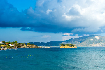 Plakat Greece, Zakynthos, Coast near laganas and cameo island with dark clouds