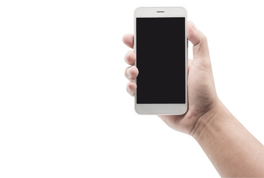 Man hand holding White cellphone with black screen isolated on white background with clipping path. - Image,Copy space