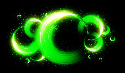 Glow neon balls. Green Space tunnel. Glint sphere. Vivid  rings. Circle frame of title place. Bright background for text. Glare abstract composition. Beautiful design of magic bubbles. 3D rendering