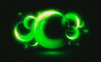 Glow neon balls. Green Space tunnel. Glint sphere. Vivid  rings. Circle frame of title place. Bright background for text. Glare abstract composition. Beautiful design of magic bubbles. 3D rendering