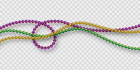 Fototapeta Mardi Gras beads in traditional colors. Decorative glossy realistic elements. Isolated on transparent background.Vector illustration obraz
