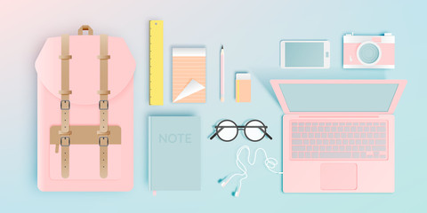 Backpack with various item in flat lay paper art style