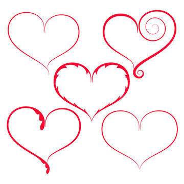 Set of red decorated hearts on white background. Valentine's day symbol