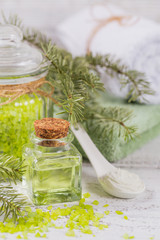 Natural cosmetic oil, sea salt and organic facial mask with coniferous extract