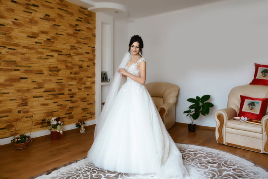 Beautiful Brunette Bride Is Getting Ready In The Morning At Home