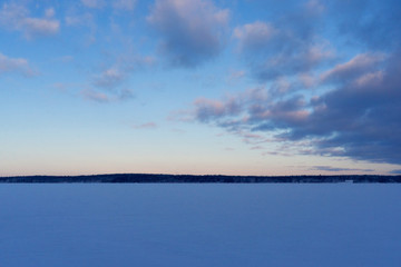 Fototapeta na wymiar the expanse of the Gulf of Finland in winter from Russia VYBORG, RUSSIA 05.01.2019 Park-like estate Monrepos, Vyborg