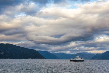 Fototapeta na wymiar Ferry crosses Sognefjord Vik Sogn og Fjordane Norway Scandinavia