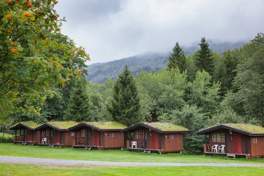 Turf Roof Wooden Camping Cabins In Norway Scandinavia