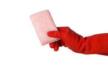 Hand with red dishwashing silicone cleaning glove holding a pink sponge 
